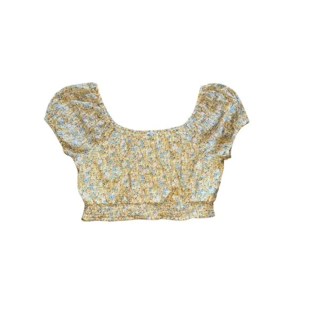 American Eagle Blouse‎ Womens XL Yellow Blue Floral Smocked Cropped Puff peasant